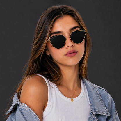Lentes de Sol Cat Eye Dorados con Mica Negra – Estilo Elegante y Moderno
